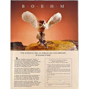 Edward Marshall Boehm "Screech Owl in Porcelain and Bronze Vintage Print Ad 1986